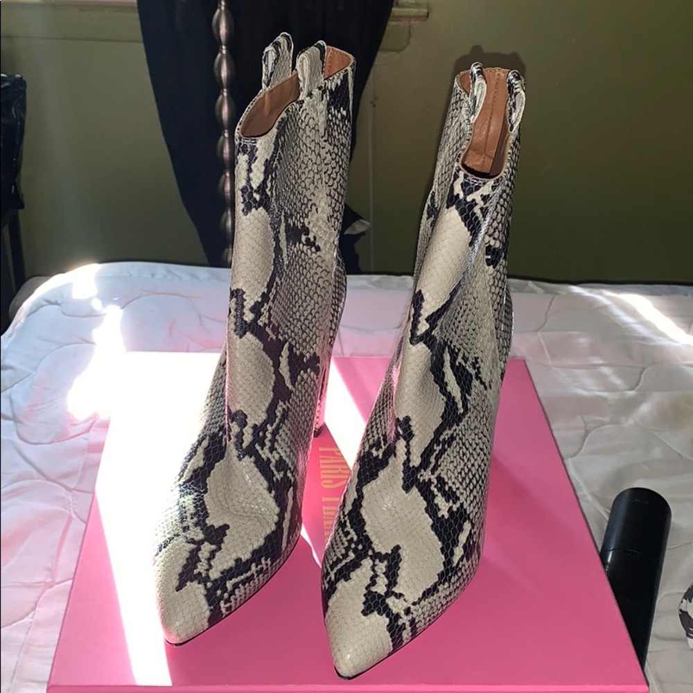 PARIS TEXAS BLOCK HEEL BOOTIE; PYTHON PRINTED LTHR